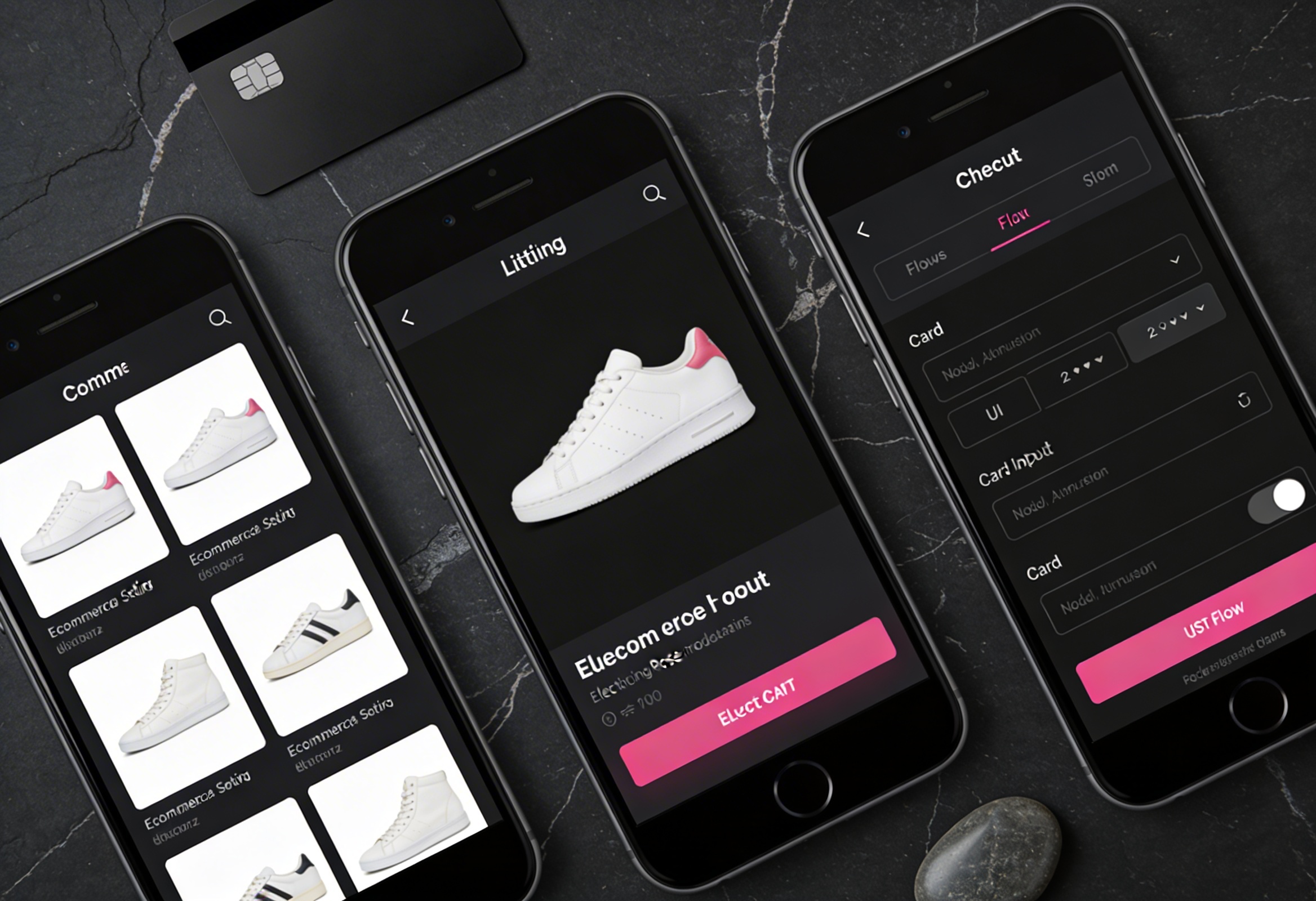 Üç akıllı telefon ekranında NexShop e-ticaret uygulaması — liste, ürün detay ve ödeme akışı