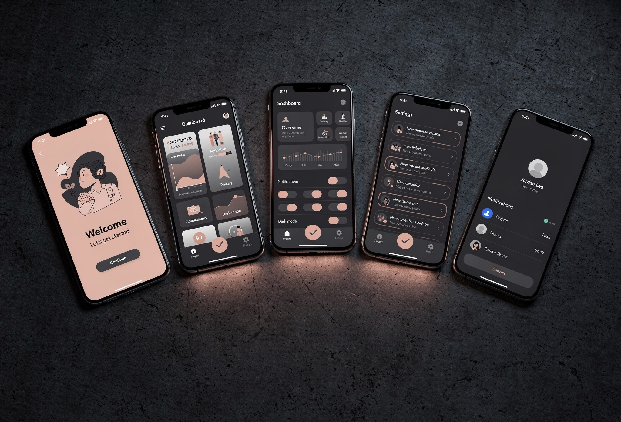 Beş akıllı telefon uygulama arayüzlerini gösteriyor — onboarding, dashboard, ayarlar, bildirimler ve profil ekranları