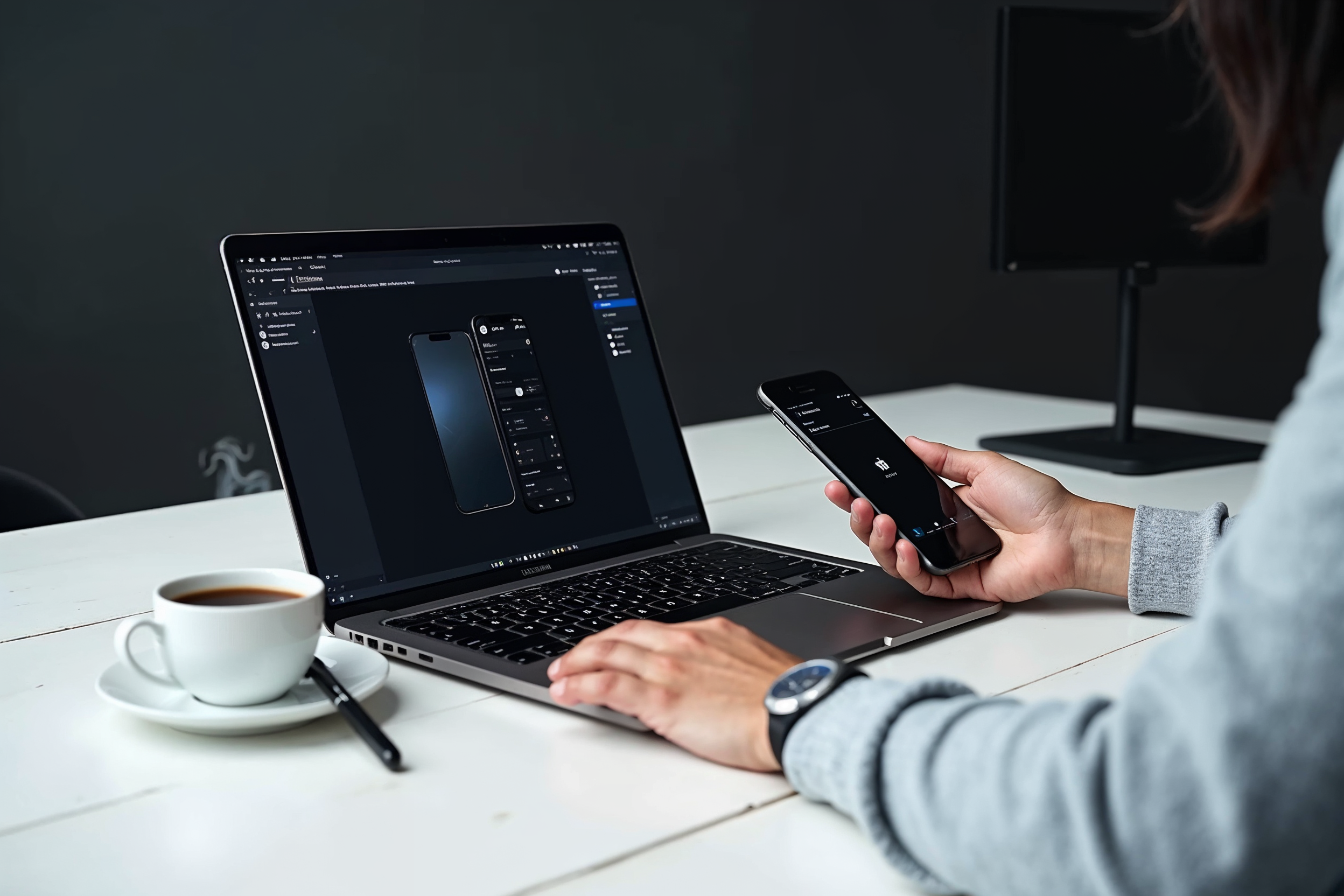 MacBook ve iPhone üzerinde Figma ile mobil uygulama prototipi geliştirme — tasarımcı elleri klavyede