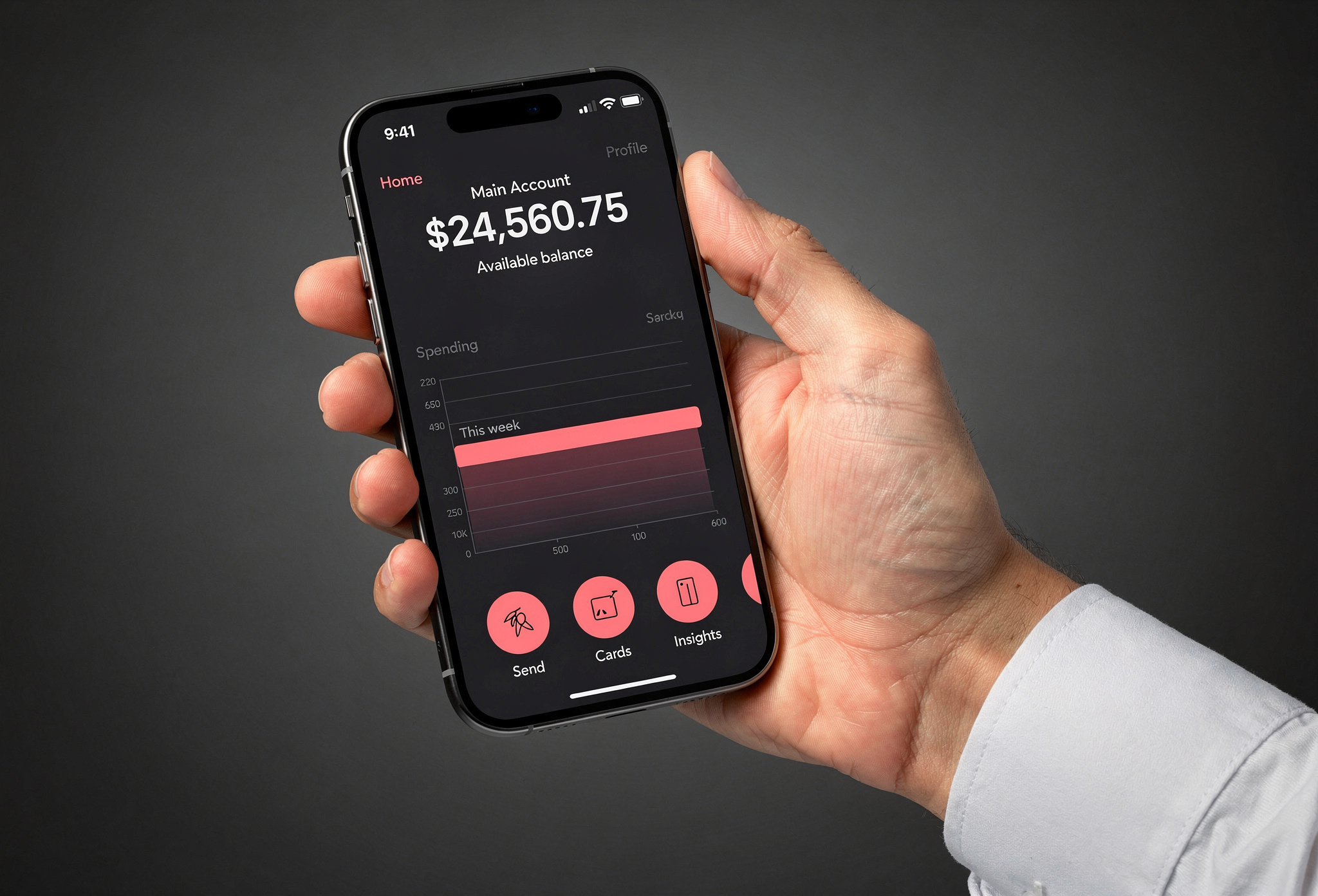 Siyah iPhone ekranında NexPay finans uygulaması gösterge paneli, elektrik gülü vurgulu