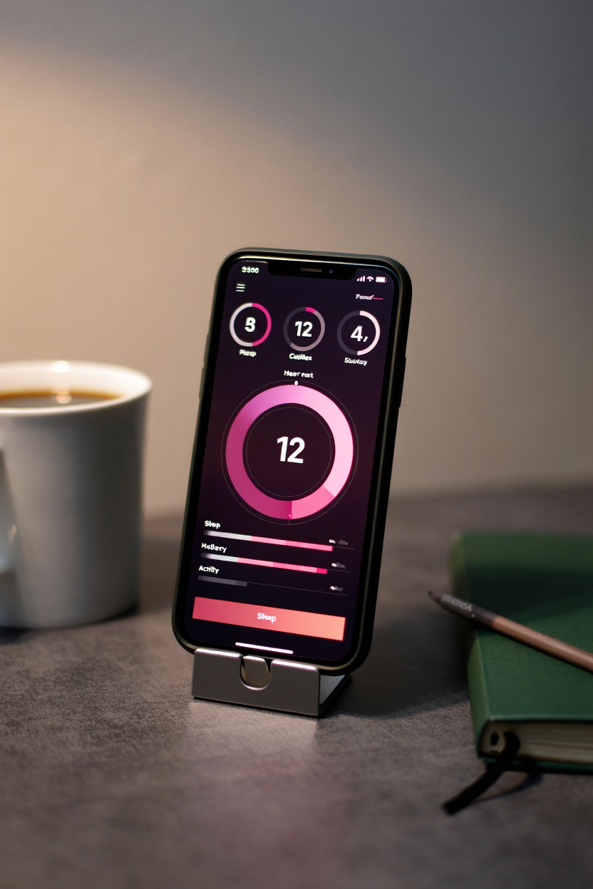 Telefon standında NexHealth sağlık takip uygulaması, adım ve kalori izleme ekranı
